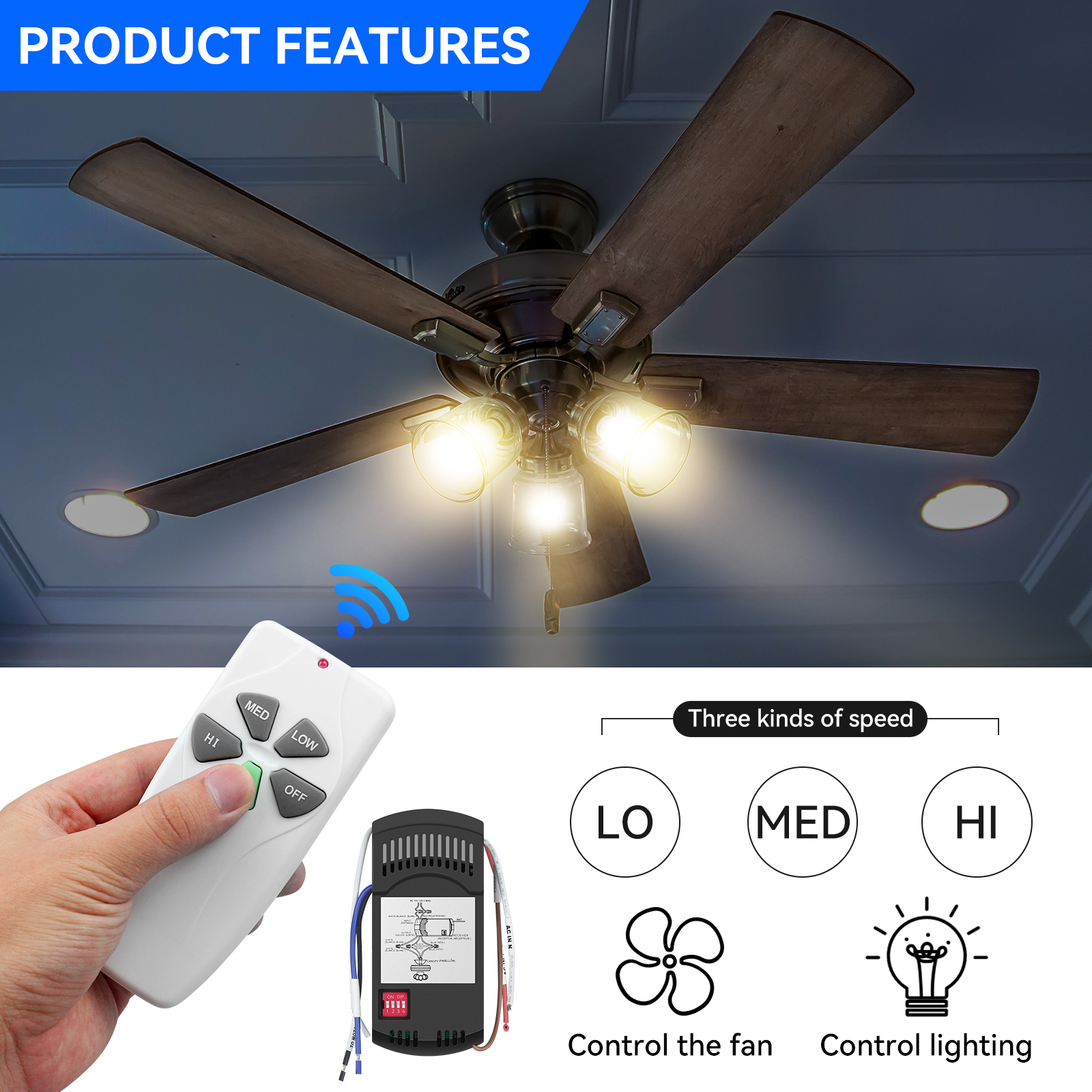 FAN-53T Universal Ceiling Fan Remote Control and Receiver Kit ,Black