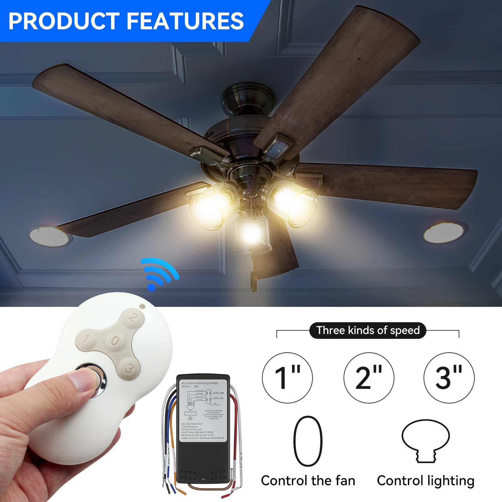Universal Ceiling Fan Remote Control and Receiver Kit Compatible with Hunter 99122 99123 99600