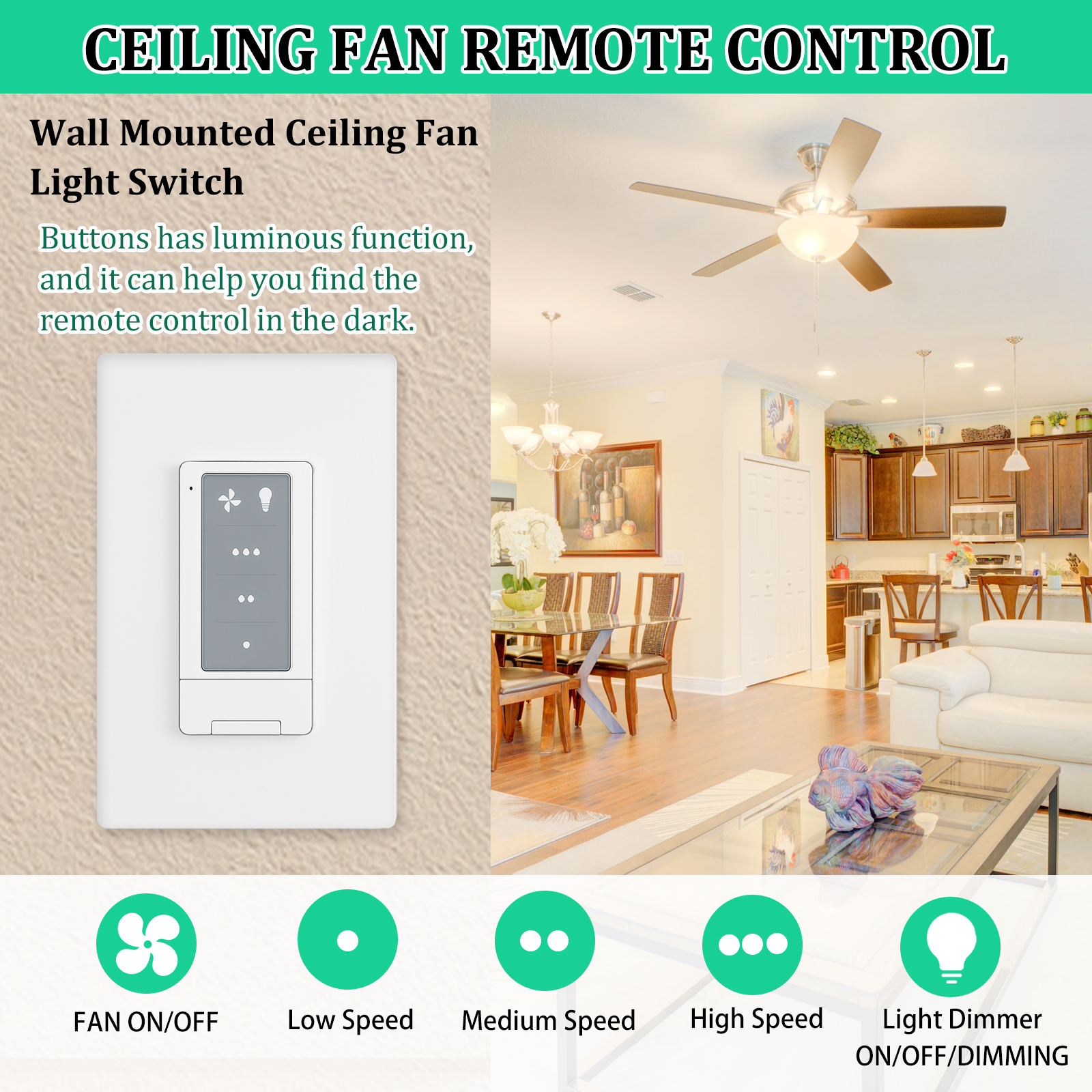 3 Speed Ceiling Fan Remote Control & Dimmer Switch