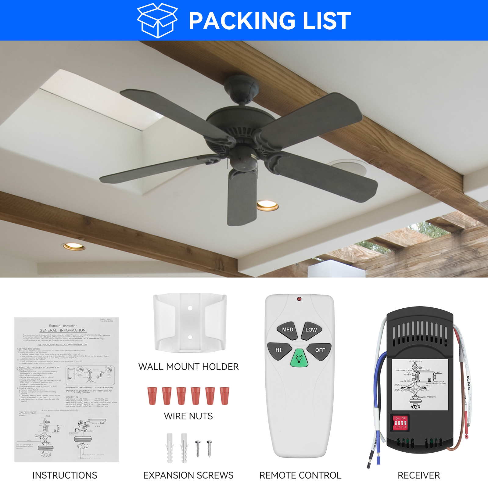 FAN-53T Universal Ceiling Fan Remote Control and Receiver Kit ,Black