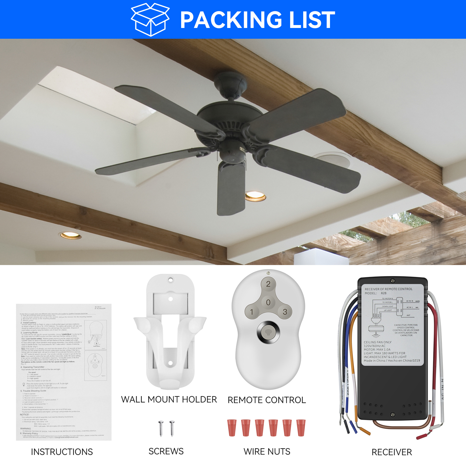 Universal Ceiling Fan Remote Control and Receiver Kit Compatible with Hunter 99122 99123 99600