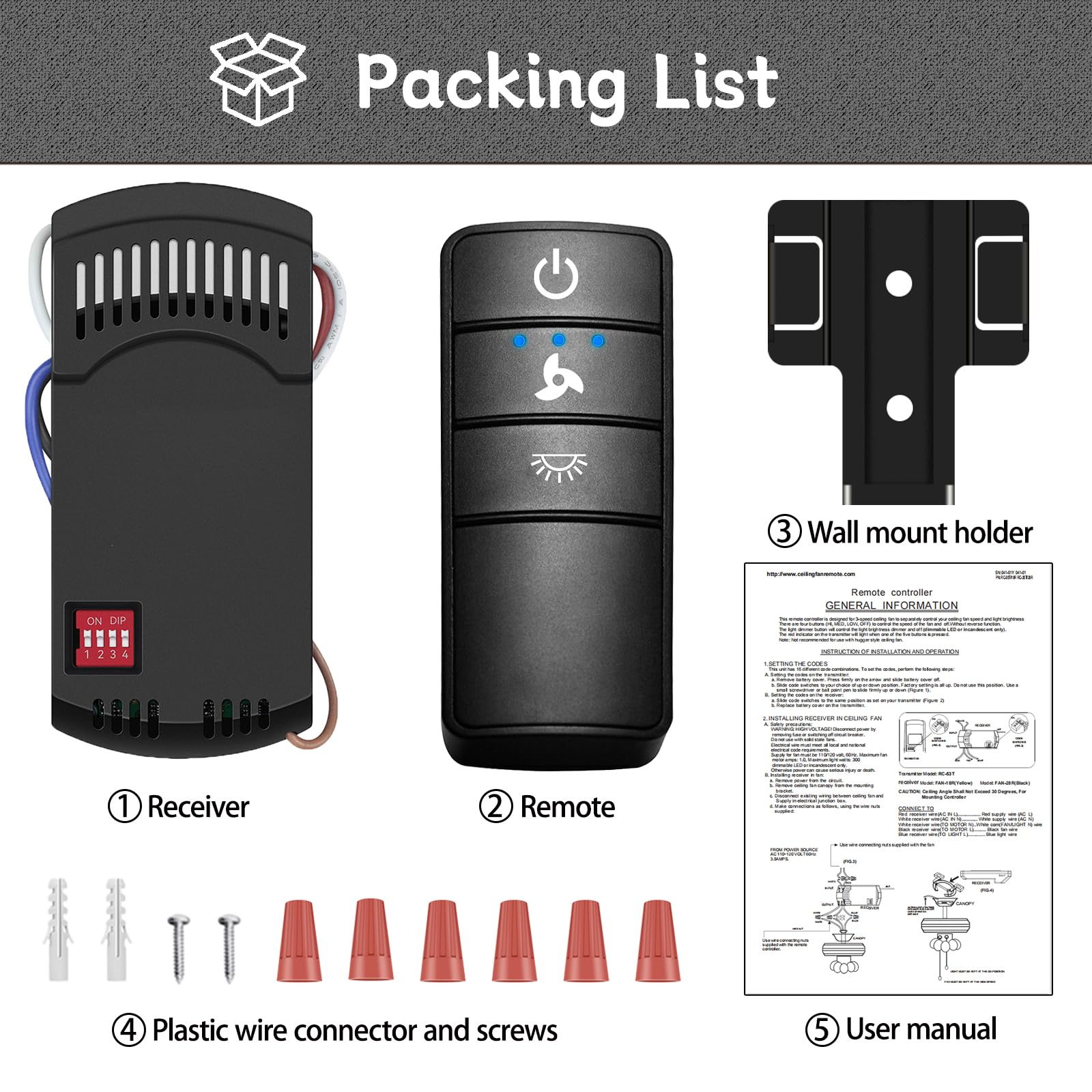 TR220A Universal 3-Speed Ceiling Fan Remote Control Kit