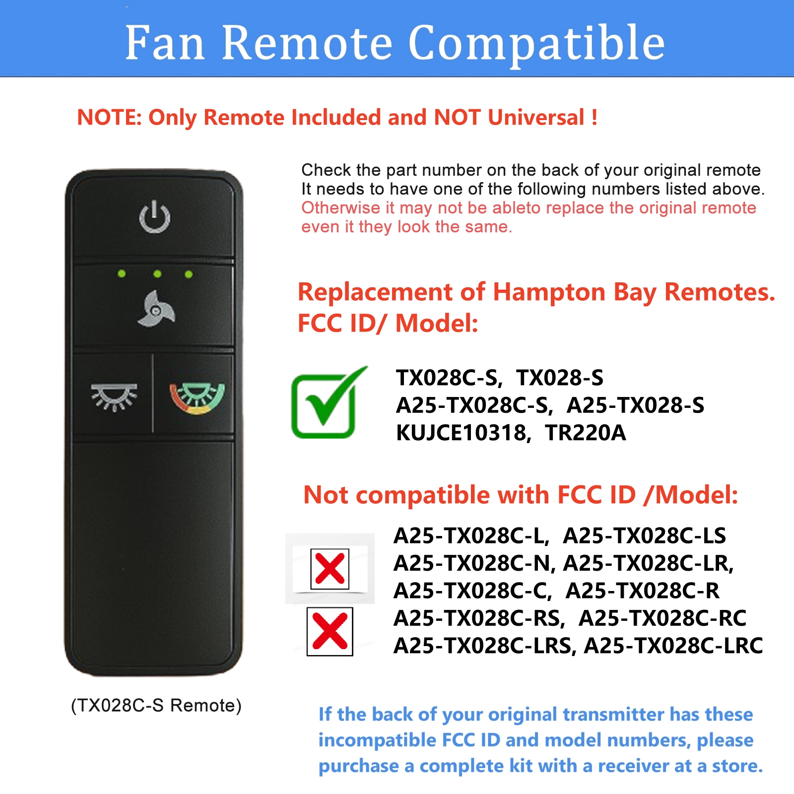 TX028C-S Ceiling Fan Remote Control Replacement for Hampton Bay